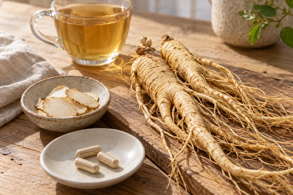 高麗人参の根や薄切り、茶と皿に並ぶベージュ色のカプセル