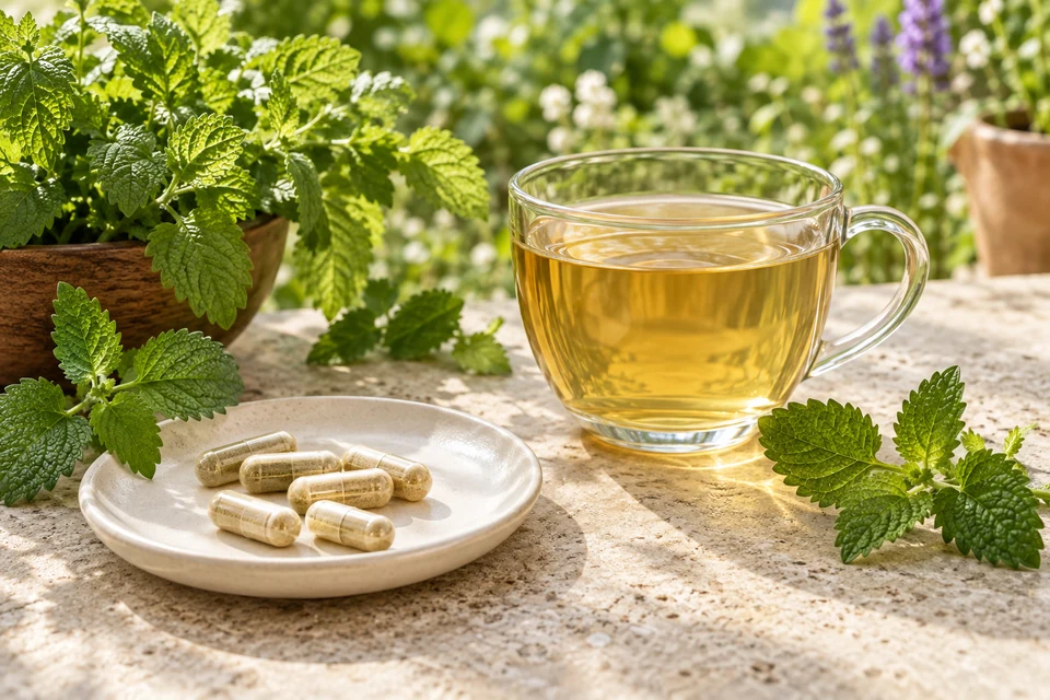 緑色のハーブの葉や茶と皿に並ぶベージュ色のカプセル