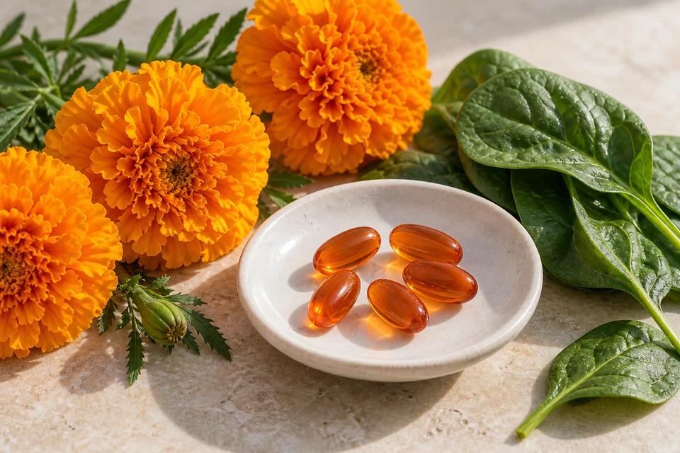 橙色花朵與菠菜葉旁,盤中的橙色軟膠囊