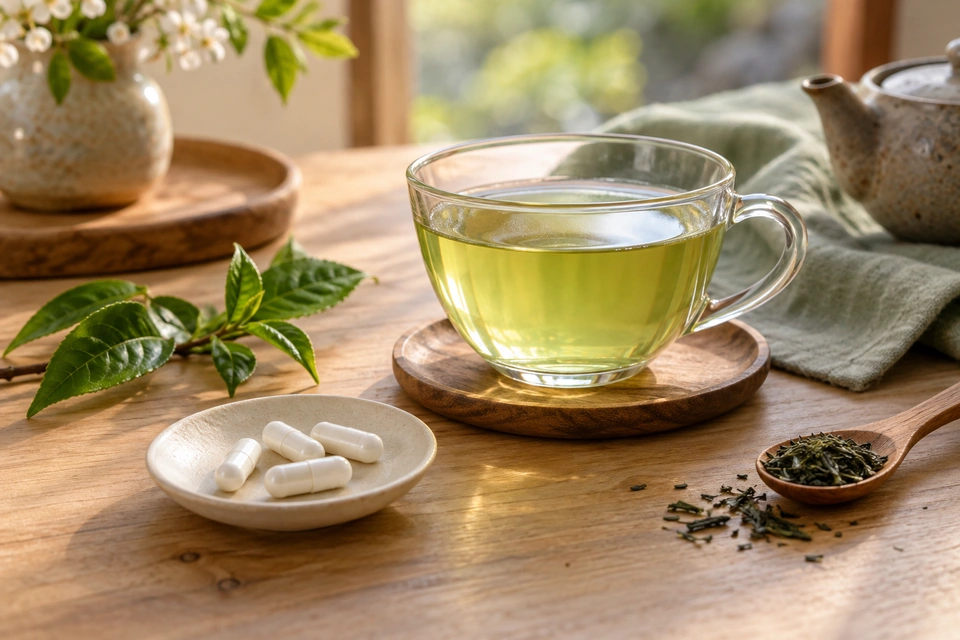 木のテーブルに置かれた緑茶、茶葉、白いカプセル